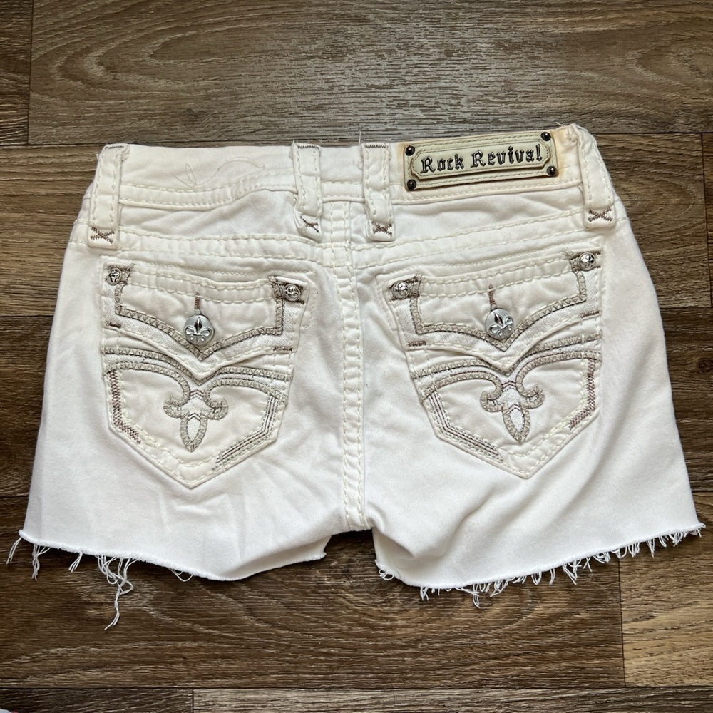 Rock Revival White Jean Shorts with Distressed Hem